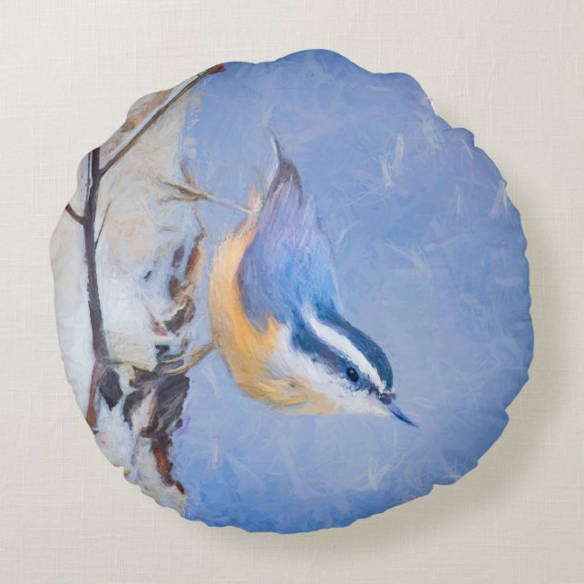 Red-Brested Nuthatch Painting Original Bird Art Rund Kudde (Baksidan)
