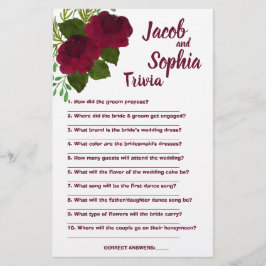 RED BRIDE & GROOM TRIVIA SHOWER GAME CARD FLYGBLAD