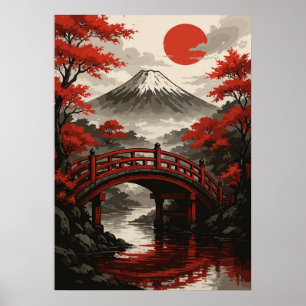 Red Bridge och Mount Fuji Japanskt liggande Poster