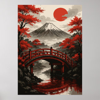 Red Bridge och Mount Fuji Japanskt liggande Poster