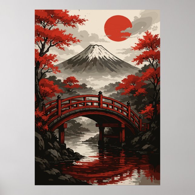Red Bridge och Mount Fuji Japanskt liggande Poster (Framsidan)