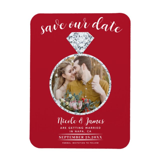 Red Bröllop Ring Bling Photo Save Date Magnet (Vertikal)