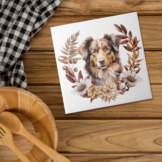 Red Brown Australian shepherd Hund Autumn Wand Kakelplatta (Skapare uppladdad)