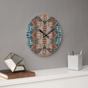Red Brown Beige Teal Blue Tribal Art Mönster Stor Klocka