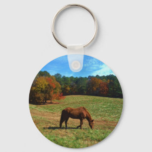 Red Brown horse, fall träd, blå himmel Nyckelring