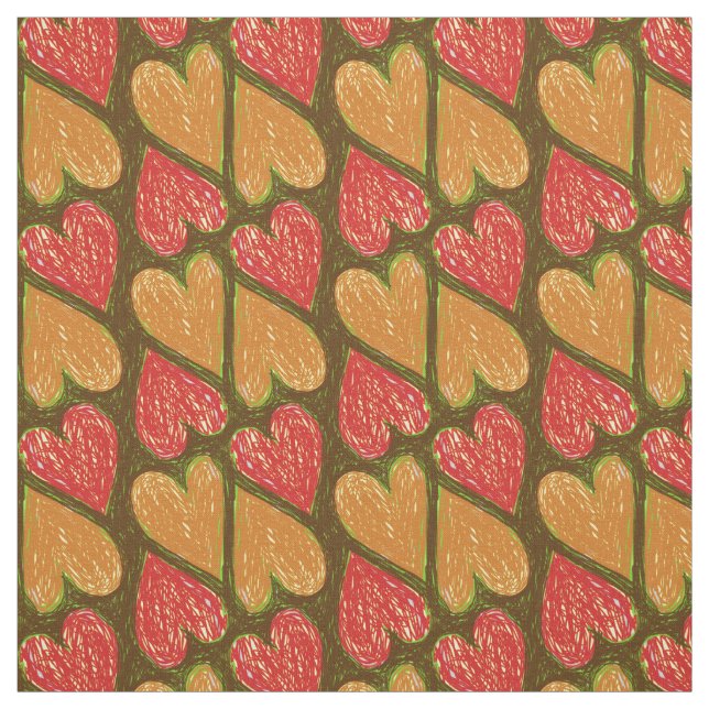 Red Brown Scribble Hearts Mönster Earthy Cute Fall Tyg (Provkarta)