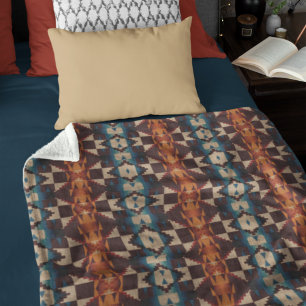 Red Brown Teal Blue Orange Tribal Art Mönster Fleecefilt