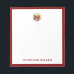 Red Brushed Guld Monogram Anteckningsblock<br><div class="desc">Höjd ditt anteckningsspel med det här lyxaktiga anteckningsblocket med personlig med ett borstat monogram av metall guld överst och ditt namn i klassisk typografi vid grund, elegant inramat i röd trim. Perfekt för att slå ihop idéer, ta anteckningar eller skapar listor gör det här anteckningsblocket en underbar gåva till dig...</div>