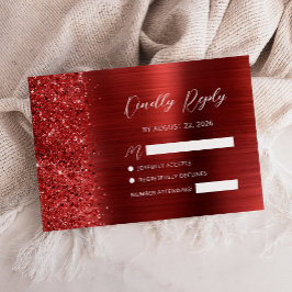 Red Brushed Metal Glitter Script Wedding OSA Kort