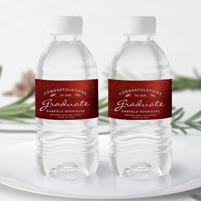 Red Brushed Metall White-skript Guld Cap Studenten Vattenflaskor Etikett (Skapare uppladdad)