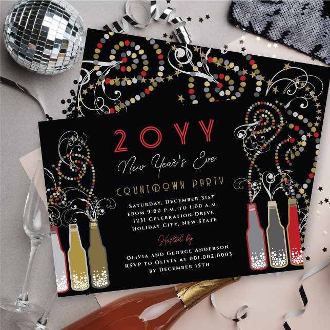 Red Bubly Flaskor Swirls Nyårsafton Party Inbjudningar (Red Bubbly Bottles Swirls New Year's Eve Party Invitation @ fat_fa_tin )