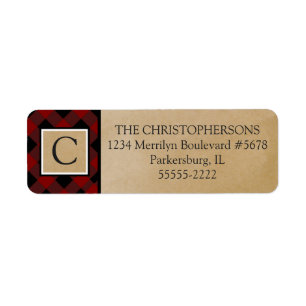 Red Buffalo Check Brown Kraft Papper Monogram Returadress Etikett