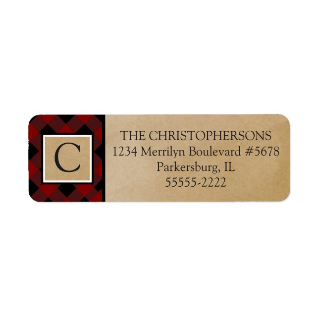 Red Buffalo Check | Brown Kraft Papper | Monogram Returadress Etikett (Framsidan)