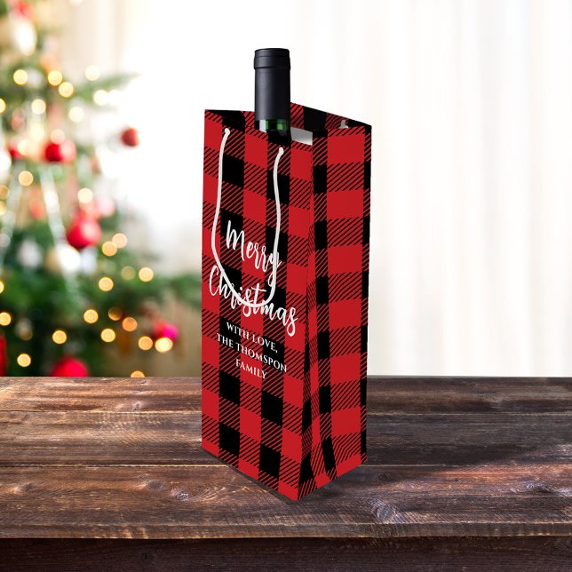 Red Buffalo Check God jul Anpassningsbar (Red and black Merry Christmas Buffalo Check Pattern Wine Gift Bag)