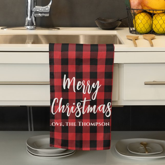 Red Buffalo Check God jul Anpassningsbar Kökshandduk (Merry Christmas red and black buffalo check custom kitchen towel. )
