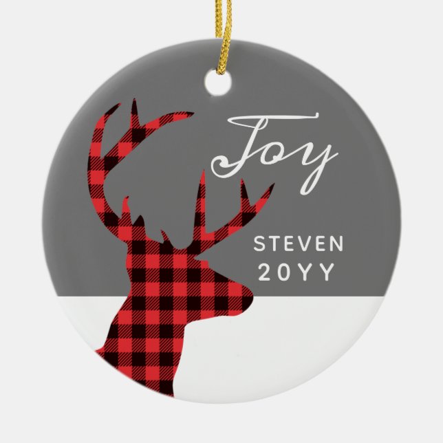 Red Buffalo Check Hjort Personlig År Manar Julgransprydnad Keramik (Framsidan)