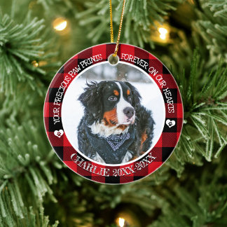 Red Buffalo Check Pet Photo Memorial Porcelain Julgransprydnad Keramik