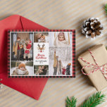 Red Buffalo Check Reindeer Photo Collage jul Julkort<br><div class="desc">Rustiskt och sött julkort med en fotokollage av sex foton i olika storlekar som omger en ren med stor röd näsa,  God jul i ett fet kalligrafiskt skript och din familj namn. Hela texten med ett tryckt plaid mönster i rött och svart.</div>