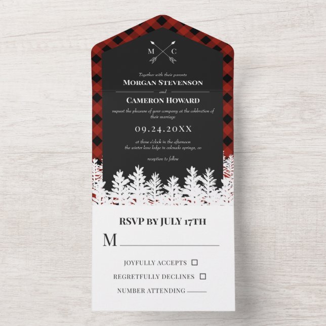 Red Buffalo Check Rustic Arrow Monogram Bröllop (Inside)