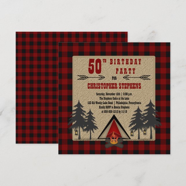 Red Buffalo Checks Man's Rustic Födelsedagsfest Inbjudningar (Fram/baksida)