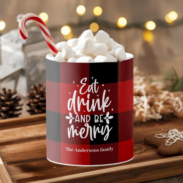 Red Buffalo Plaid “Eat, Drink & Be Merry" Mugg (Skapare uppladdad)