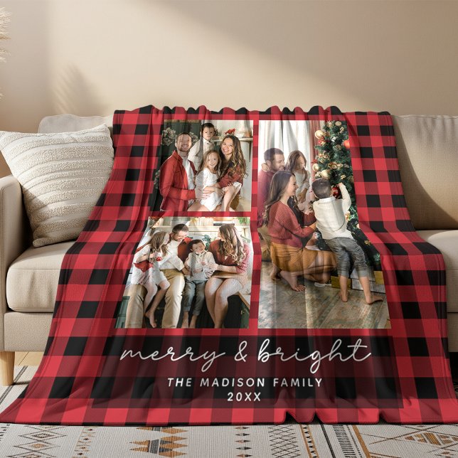 Red Buffalo Plaid Merry & Bright Christmas Photo Fleecefilt (Skapare uppladdad)