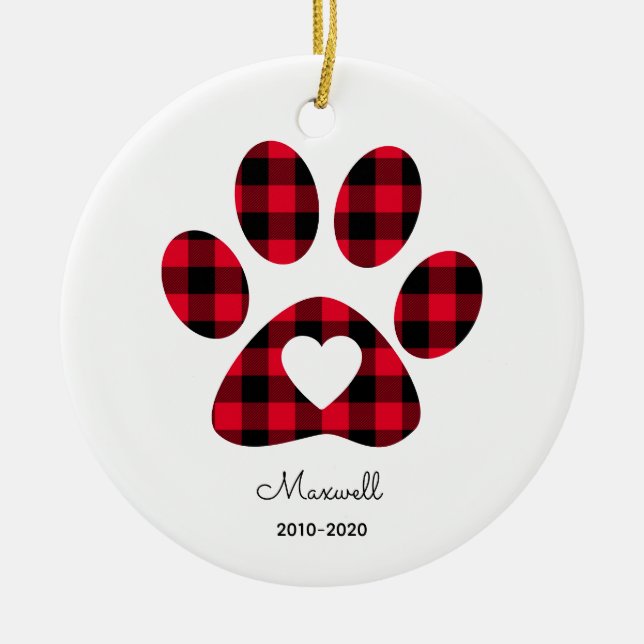 Red Buffalo Plaid Paw Print White Heart Julgransprydnad Keramik (Framsidan)