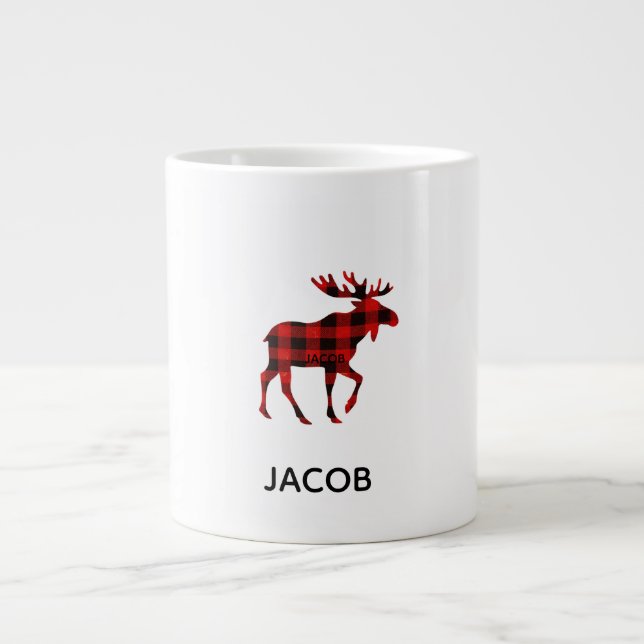 Red Buffalo Plaid Reindeer Christmas Monogram  Jumbo Mugg (Framsidan)