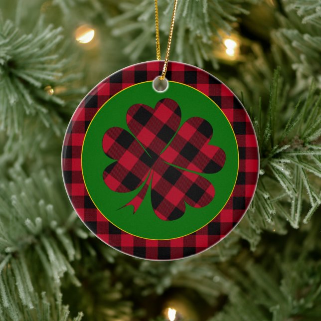 Red buffalo plaid Shamrock, Lucky Klöver Charm Julgransprydnad Keramik (Träd)