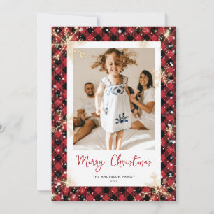Red Buffalo Plaid Sparkly Photo Christmas Cards Julkort