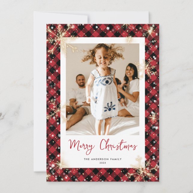 Red Buffalo Plaid Sparkly Photo Christmas Cards Julkort (Framsida)