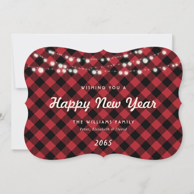 Red Buffalo Plaid String Lights New Year Card Julkort (Framsida)