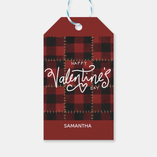 Red Buffalo Plaid Valentines Day Custom Name  Presentetikett (Framsidan)