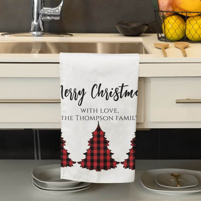 Red Buffalo Play God jul Anpassningsbar Kökshandduk (Merry Christmas red and black Christmas tree kitchen towel.)