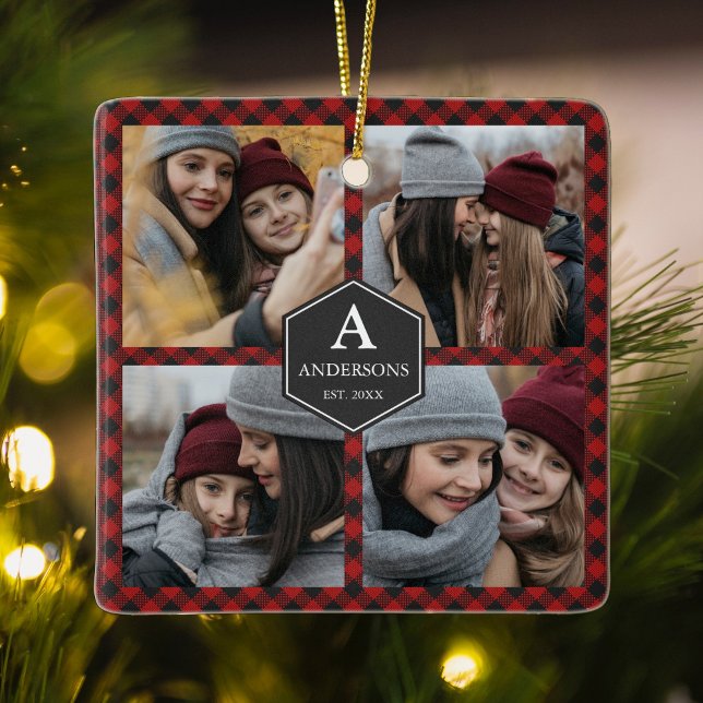 Red Buffalo Play Lumberjack Family Photo Collage Julgransprydnad Keramik (Skapare uppladdad)