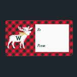 Red Buffalo Play Moose Monogram jul Fraktsedel<br><div class="desc">Fira den magiska och festliga julhelgen med vår anpassningsbar märkre för julklapp. Vårt helgdag i trendiget har vår feta, körsbärsröda lumberjack i stil, har en stiliserad vintern med en faux guld scarf. Alla teckningar i den här lumberjack-stil-röda mosslumberjack-märkrn som är juldekalklappad är handritade originalverk av Moodthology. Du kan anpassa texten...</div>