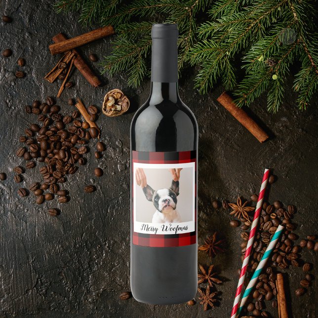 Red Buffalo Play och Merry Woofmas med Hund Photo Vinflaska Etikett (Skapare uppladdad)