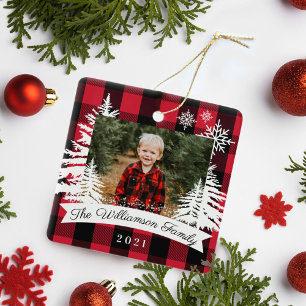 Red Buffalo Play Rustic Gräs Träd Family Photo Julgransprydnad Keramik