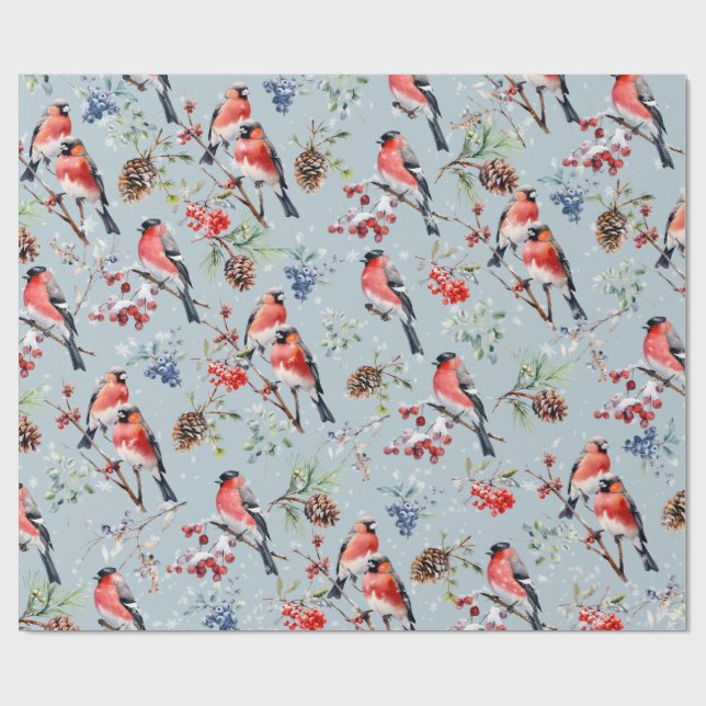 Red Bullfinch jul Birds Berries & Gräs Cones Presentpapper (Platt)