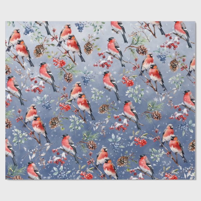 Red Bullfinch jul Birds Berries & Gräs Cones Presentpapper (Platt)