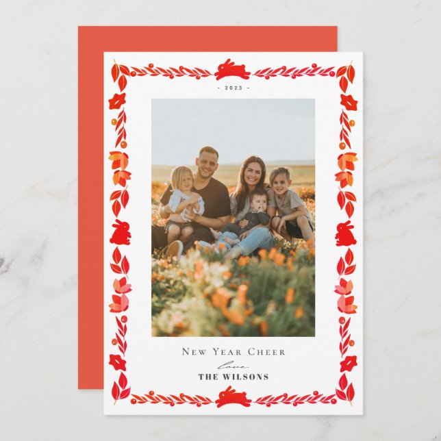 Red Bunny Folk Art New Year Helgdag Photo Card Inbjudningar (Fram/baksida)