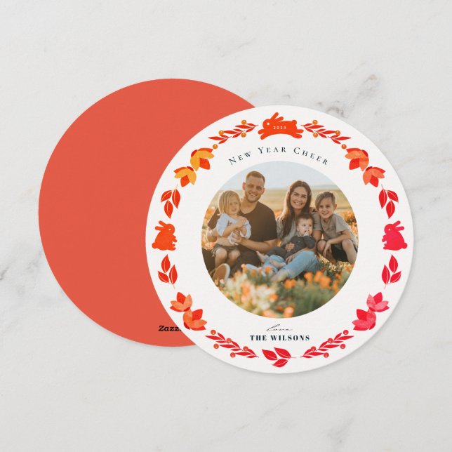 Red Bunny Folk Art New Year Helgdag Photo Card Julkort (Fram/baksida)