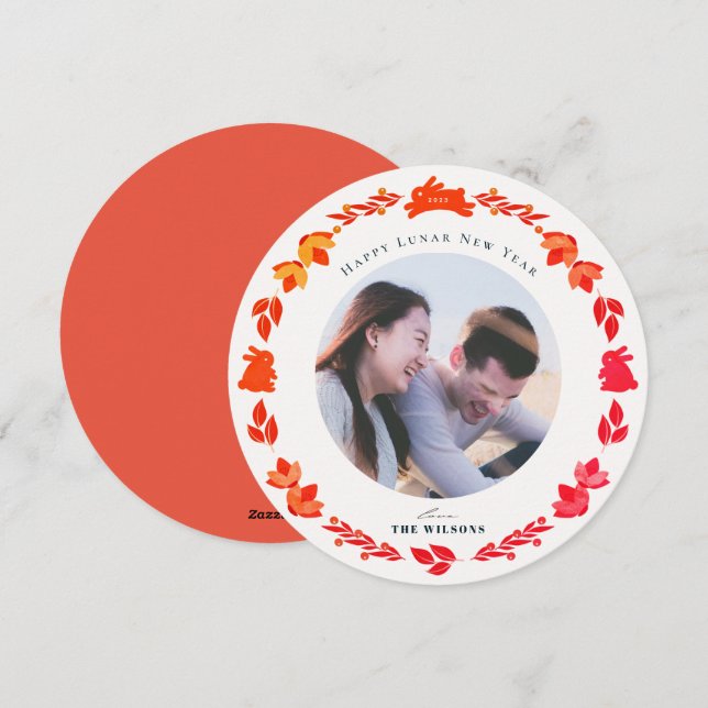 Red Bunny Folk Art Photo Chinese Nyyear Julkort (Fram/baksida)