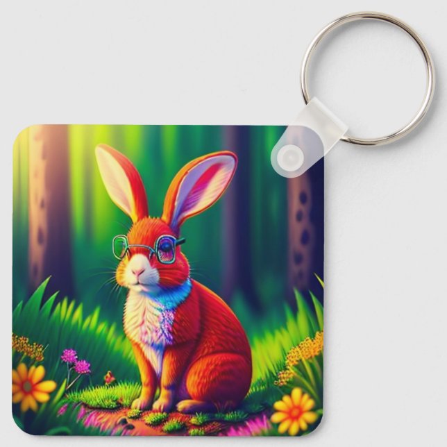 Red Bunny Sitta på Grass Nyckelring (Baksida)