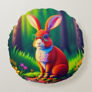 Red Bunny Sitta på Grass Rund Kudde