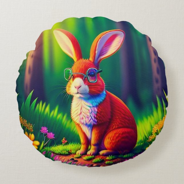Red Bunny Sitta på Grass Rund Kudde (Framsidan)