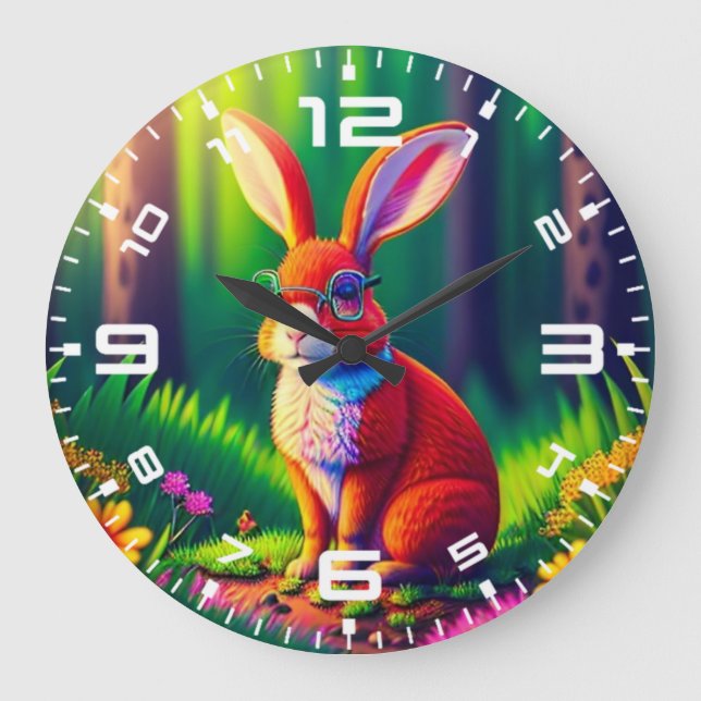 Red Bunny Sitta på Grass Stor Klocka (Framsida)