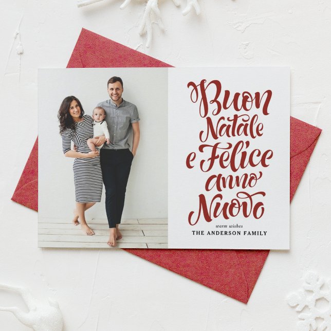 Red Buon Natale e Felice Anno Nuovo Script Photo Julkort (Skapare uppladdad)