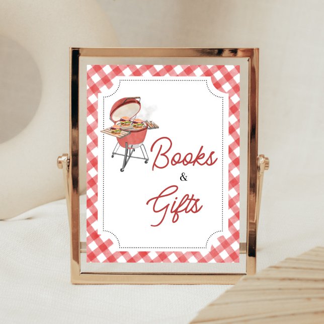 Red Burger BBQ Baby Shower Bokar och gåvor Poster (Backyard BBQ Baby Shower Books and Gifts Sign)