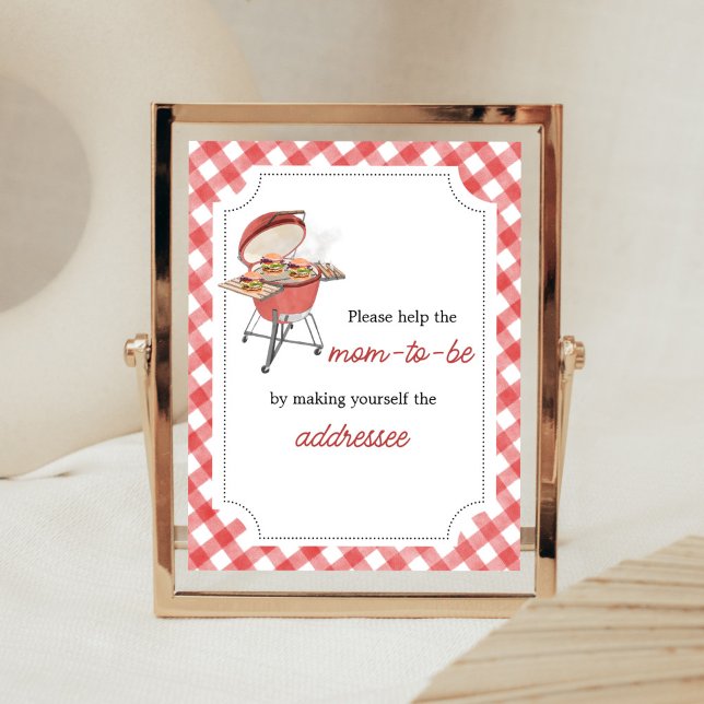 Red Burger BBQ Baby Shower Kuvert Station Poster (Backyard BBQ Baby Shower Envelope Station Sign)